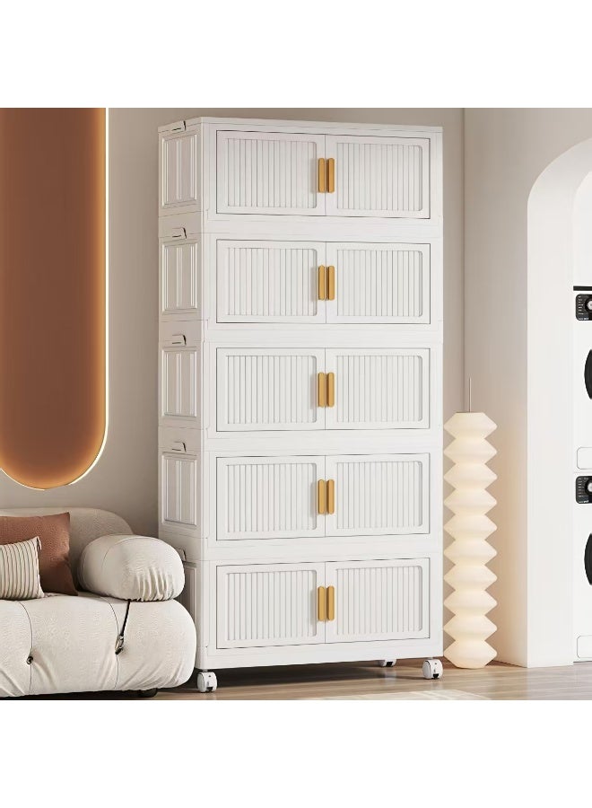 ChenDa 5-Tier High-Capacity Storage Cabinet Clothing, Toys, Books Storage Rack Space-Saving Storage Unit for Bedroom, Living Room, Kitchen Multi-Purpose Foldable Design Magnetic Doors with Swivel Casters - Image 4